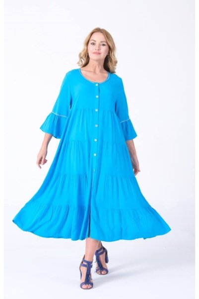 ŞIK STİL Women's Turquoise Flywheel Sleeves Authentic Dress