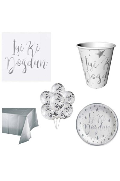 parti sürprizi З Днем народження! Срібний набір для вечірки з тисненням, на 6 осіб
