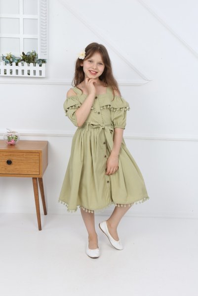 şımarık kids Girl's Green Pompom Crepe Dress