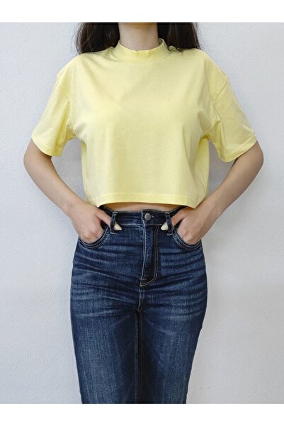 Bomenti Life Women's Yellow Crop Stand Collar Cotton Short Sleeve T-shirt