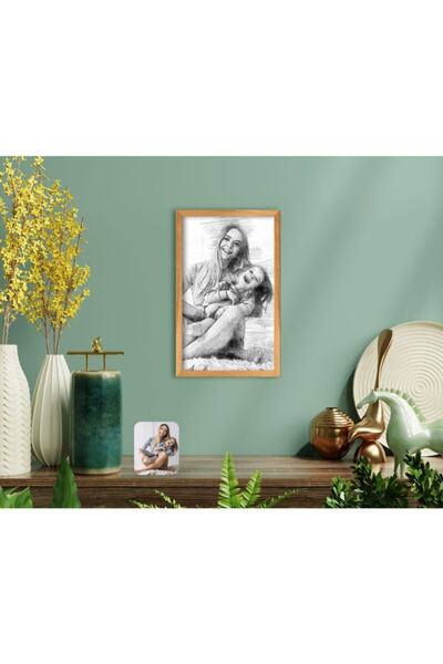 Bk Gift Karakalem Anne Kız Fotoğraflı El Yapımı Ahşap Çerçeveli Tablo-3