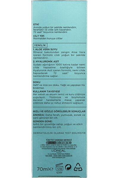 L'Oreal Paris Nem Terapisi Aloe Vera Suyu İçeren Normalden Kuruya Ciltler İçin Su Bazlı Nemlendirici Yüz Krem 70ml