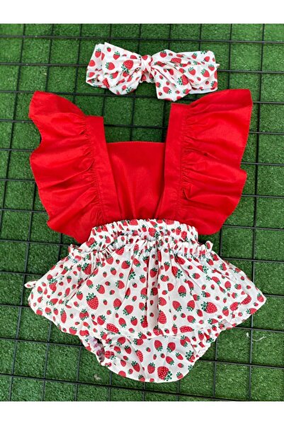yayakids Çilek Desen Meyve Kız Çocuk Bandana Salopet Set
