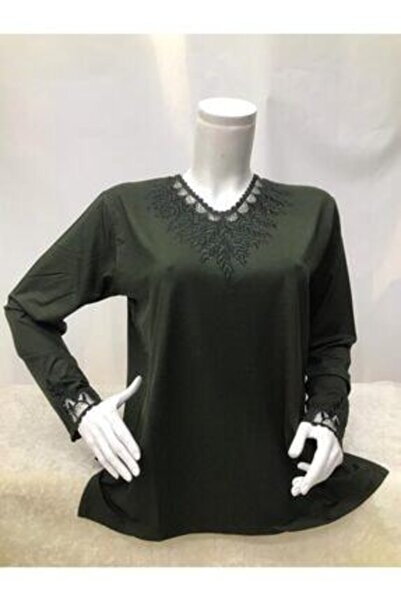 Nacar Anne Yeni Sezon Haki Yeşil Taşlı Penye Bluz( Yaka Deseni Farklılık Göst...