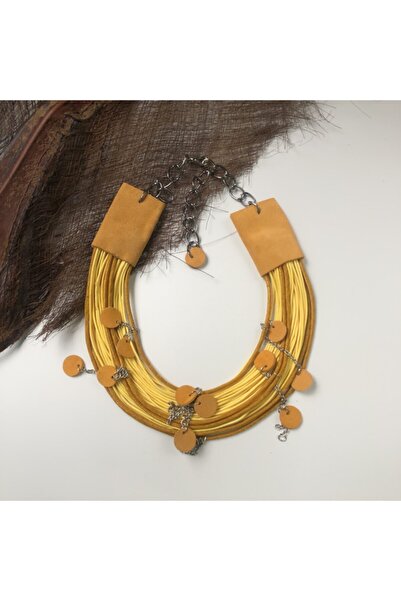 AGG TASARIM Sarı Turuncu Deri Boyun Kolyesi