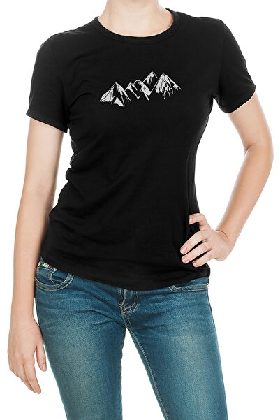 QIVI تيشيرت نسائي محبوك باللون الأسود مطبوع عليه جبال خيال