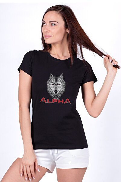 QIVI Tricou tricotat pentru femei Wolf Alpha Printed Black Tricou Tricou Tricou