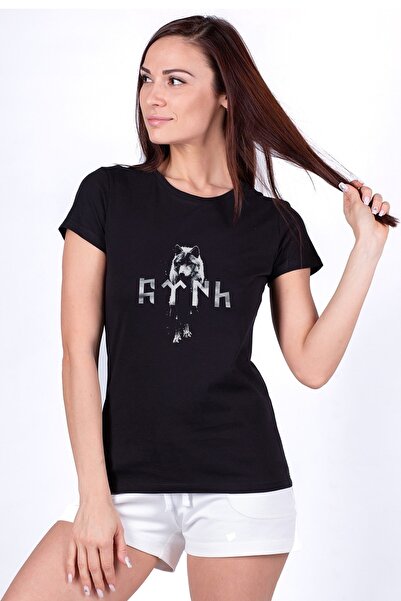 QIVI Turkish Gray Wolf Printed Black Women's Knitted Tshirt
