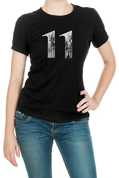 QIVI Stranger Things 11 Eleven Baskılı Siyah Kadın Örme Tshirt