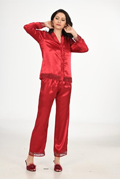 Marpessa Kadın Bordo İpek Saten Özel Dantel İşlemeli Pijama Takımı