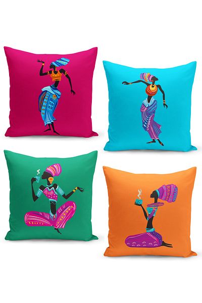 Filamente Set of 4 Throw Pillow Cases with African Portrait Pattern