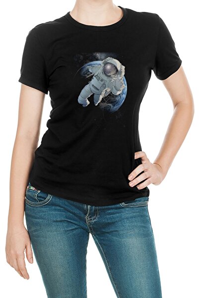 QIVI Tricou tricotat pentru femei, negru, cu imprimeu, Călătorie a astronautu...