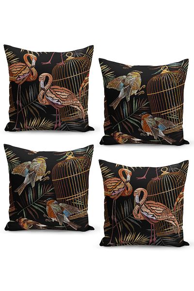 Filamente Set of 4 Throw Pillow Cases with Embroidery Birds Cage Tropical Pattern