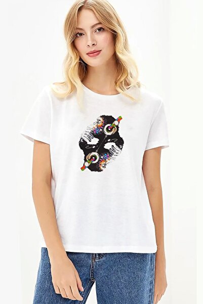 QIVI Dj Monkey Štampano Bela Ženska Pleteno Majica T-shirt T-shirt