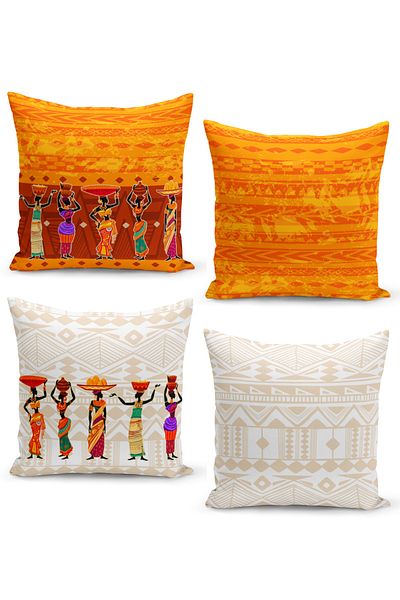 Filamente Set of 4 Throw Pillow Cases with African Portrait Pattern