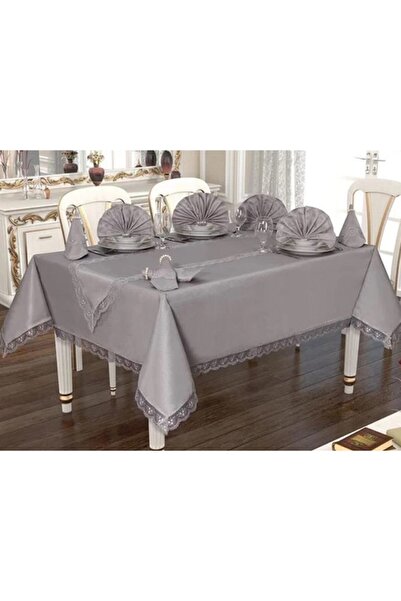 Yay Tekstil Linen Simli Keten 18 Parça 8 Kişilik Gri Masa Örtüsü Seti 160x220