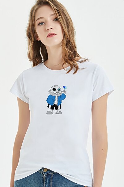 QIVI Undertale Sans Printed Λευκό Γυναικείο Πλεκτό Μπλουζάκι T-shirt T-shirt ...