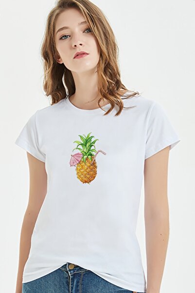QIVI Sok Smoothie Ananas Crtež Voće Ananas Štampano Bela Ženska Pleteno Majic...