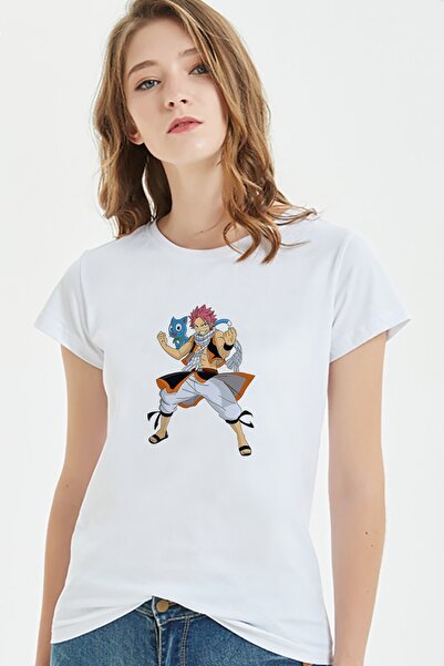 QIVI Ženska bela anime frizura Natsu Štampano T-shirt
