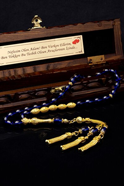 OTTOTESBİH Erkek Hediyelik Kutuda Gümüş Püsküllü 8x12mm Parlament Mavisi Ateş Kehribar Tesbih