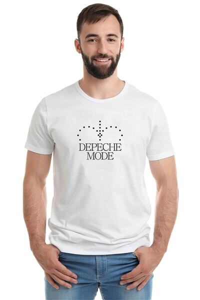 QIVI Tricou tricotat pentru bărbați alb cu imprimeu Depeche Mode