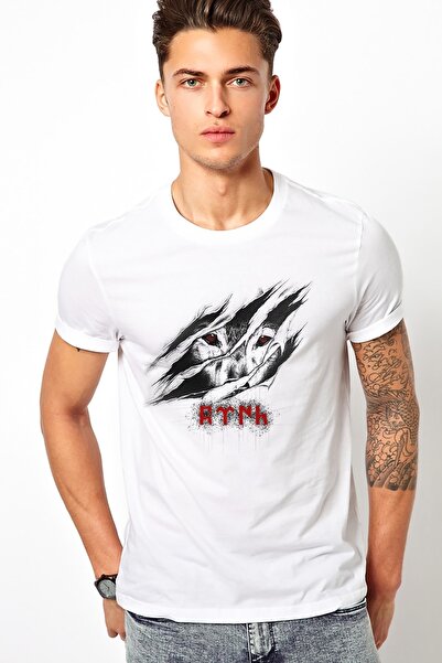QIVI Tricou tricotat pentru bărbați alb cu imprimeu cu gheare de lup turcesc