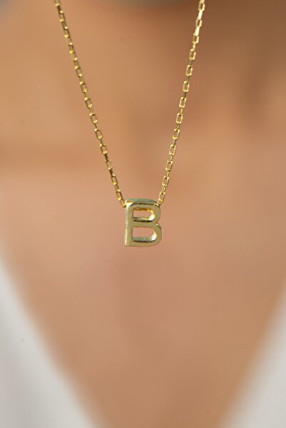 Elika Silver Kadın Altın Kaplama Üç Boyutlu B Harf Model 925 Ayar Gümüş Kolye