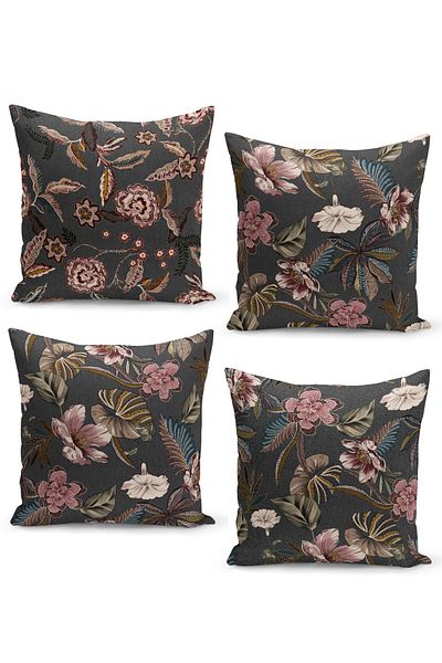 Filamente Set of 4 Throw Pillow Covers Ethnic Flowers Vintage Design