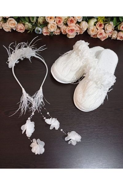 SÜSLÜTASARIM Maternity Slippers and Crown Earrings Model White – Maternity Set – Maternity Set – Maternity Set