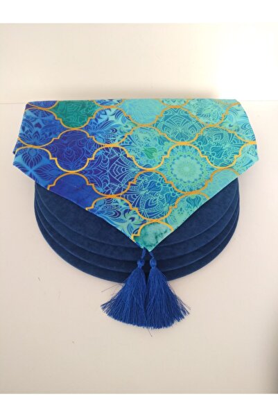 Ayşemce Runner cu model cană albastră, 4 plăci de culoare albastră Parlament