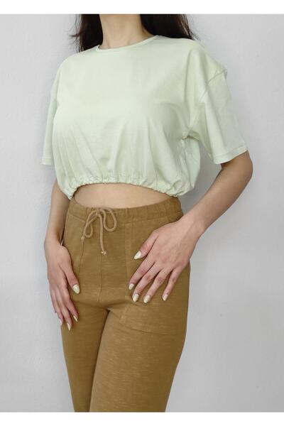 Bomenti Life Women's Mint Green Elastic Waist Crop Crew Neck 100% Cotton Shor...
