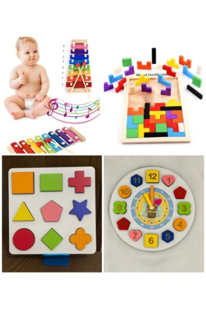 Genel Markalar 4'in 1 Set Eğitici Ahşap Oyuncaklar Selefon Geometrik Saat Mon...