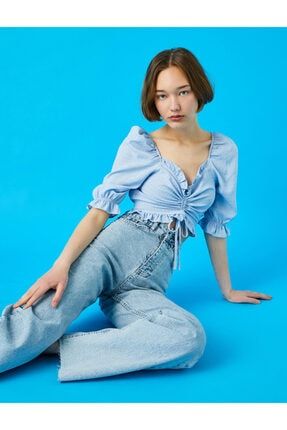 Koton Kadin Mavi Crop Balon Kol Buzgulu Bluz Fiyati Yorumlari Trendyol