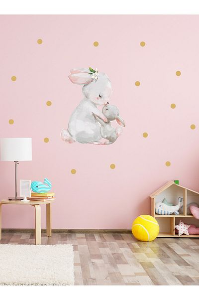 Sim Tasarım Mother and Baby Rabbits Polka Dot Wall Sticker Set