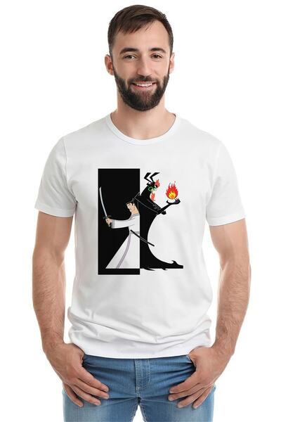 QIVI Tricou tricotat pentru bărbați alb cu imprimeu Samurai Jack