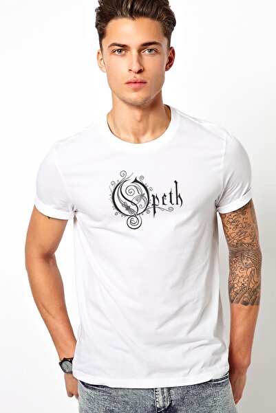 QIVI Λευκό ανδρικό πλεκτό μπλουζάκι με λογότυπο Opeth