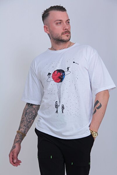 MODAGEN Μπλουζάκι Unisex White Saturn με στάμπα oversize