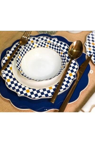 Pink&More Modern Lacivert Sarı Beyaz Dama Desen 24 Parça Yemek Takımı