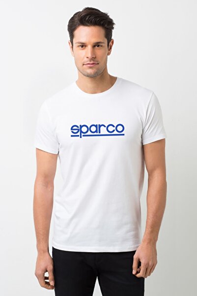 QIVI Tricou tricotat pentru bărbați alb cu sigla Sparco imprimată