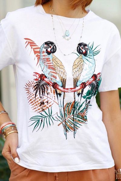 FEMELLE Tricou damă din bumbac brodat cu păsări