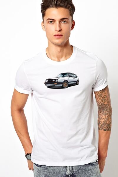 QIVI Tricou tricotat alb cu imprimeu Volkswagen Golf II GTI pentru bărbați