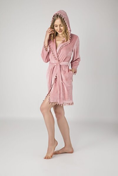 Nuşa Жіночий пудровий короткий халат з капюшоном, мереживом та бамбуковим кан...