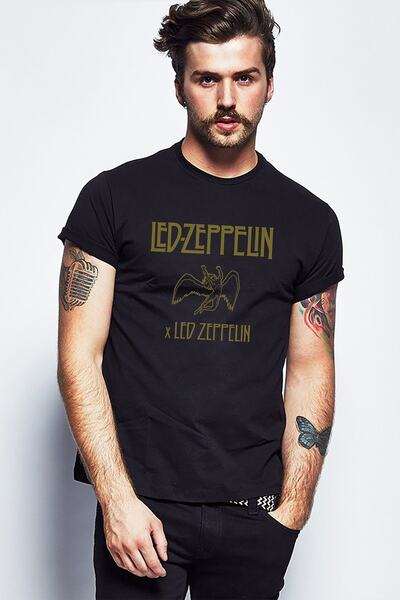 QIVI Led Zeppelin X Led Zeppelin Metal Štampano Crna muška Pleteno majica T-s...