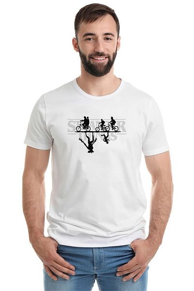 QIVI Stranger Things Bicycle Monster με στάμπα λευκό ανδρικό πλεκτό μπλουζάκι