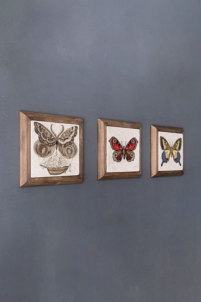 Oscar Stone Decor Σετ 3 Πέτρινα Πίνακα Τραπεζιού με Μασίφ (ξύλινο) Σετ Πεταλούδα Πεταλούδα 28x28 εκ.