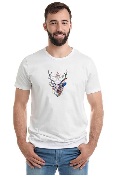 QIVI Τρίγωνα Deer Deer Printed Λευκό Ανδρικό Πλεκτό T-shirt T-shirt T-shirt T-shirt