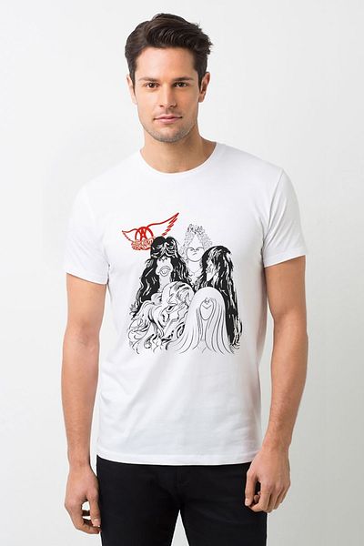 QIVI Tricou tricotat pentru bărbați alb cu imprimeu Hard Rock Rock And Roll Aerosmith