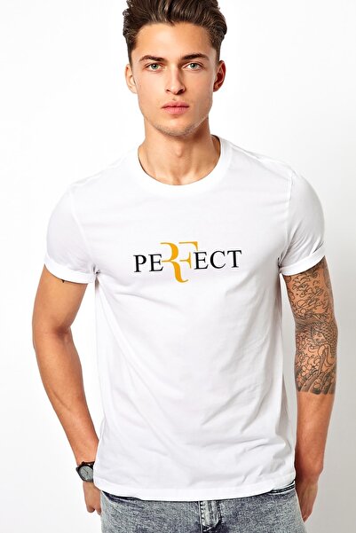 QIVI Tricou tricotat pentru bărbați, alb, imprimat perfect Roger Federer