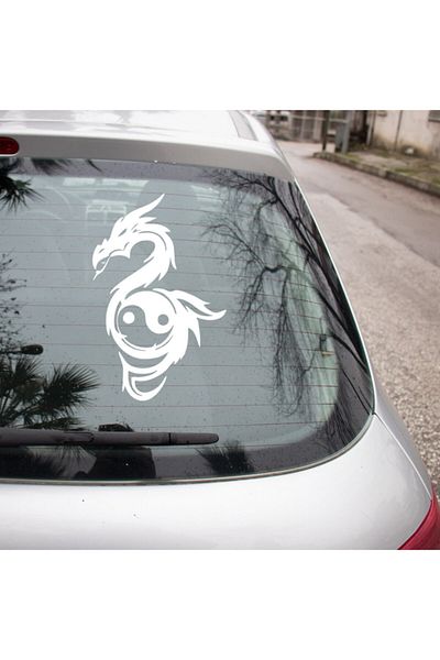 New Jargon Autocolant Dragon Good Evil Balance Ying Yang Icon 35cm - Alb