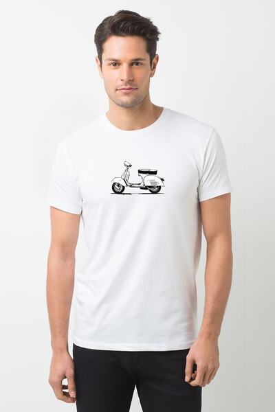 QIVI Tricou alb tricotat pentru bărbați cu imprimeu Vespa Ilustrație de scute...
